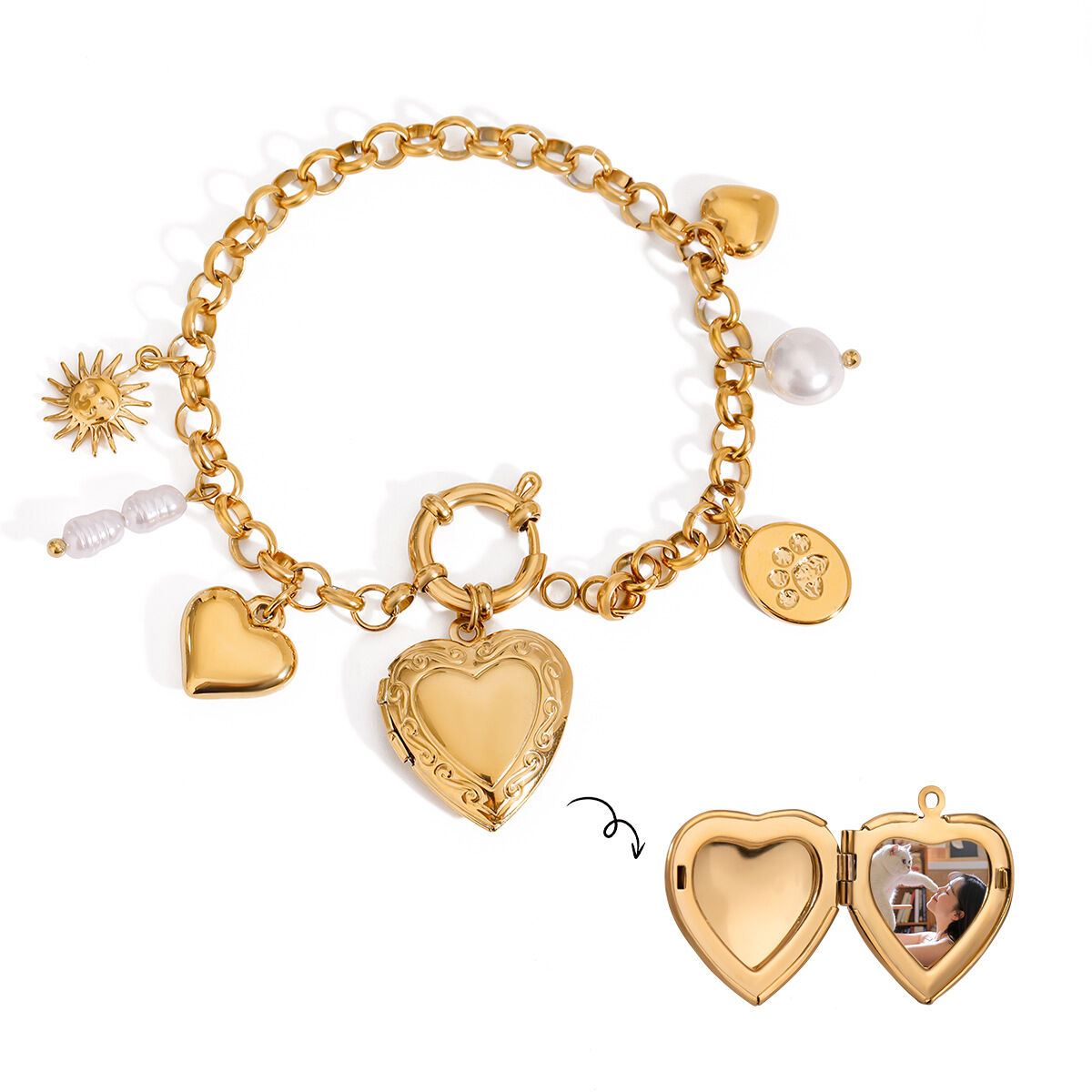 1 pezzo semplice serie classico cuore acciaio inossidabile placcato oro 18K donne braccialetti con ciondolo Immagine6