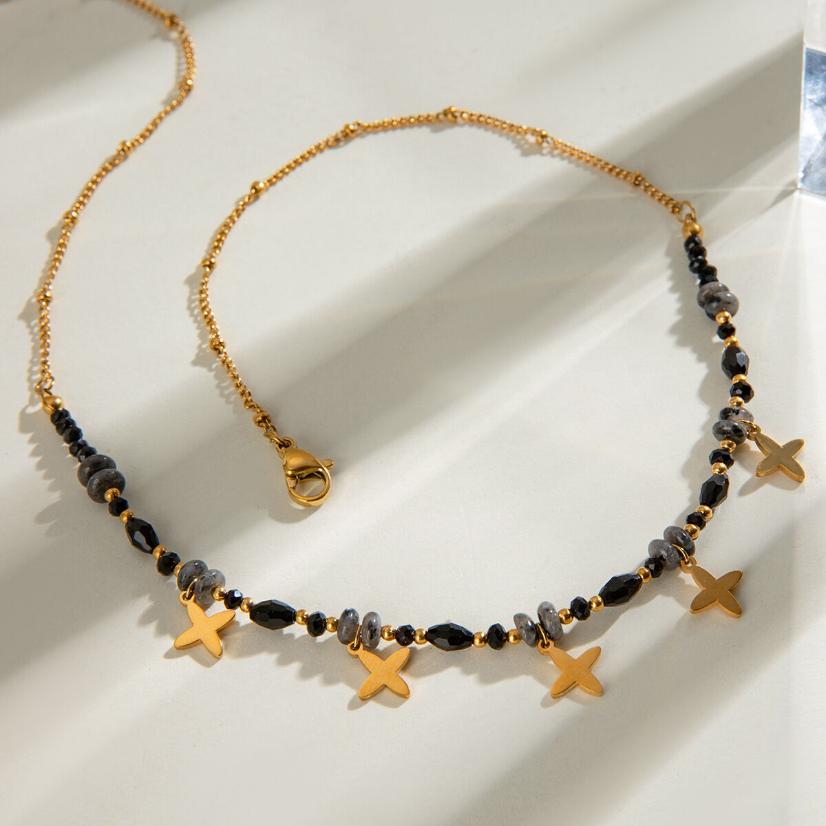 1 piece simple series elegant beads stainless steel  gold plated natural stone women pendant necklaces 2