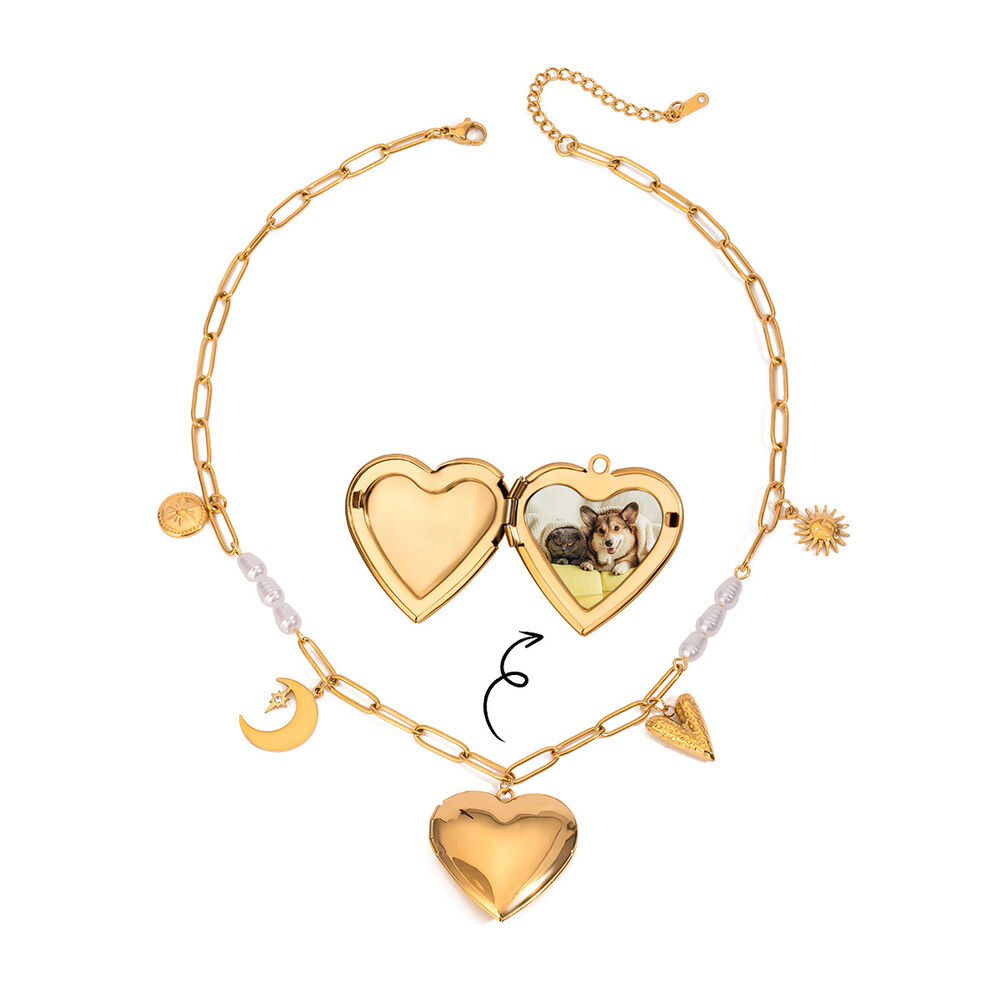 Collana con ciondolo fai da te da donna in acciaio inossidabile impermeabile color oro, a forma di cuore classico, serie romantica, 1 pezzo h5Immagine6
