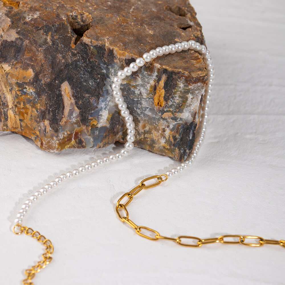 1 pezzo semplice serie classica perline acciaio inossidabile placcato oro 18k perle artificiali collane a catena da donna h5Immagine4