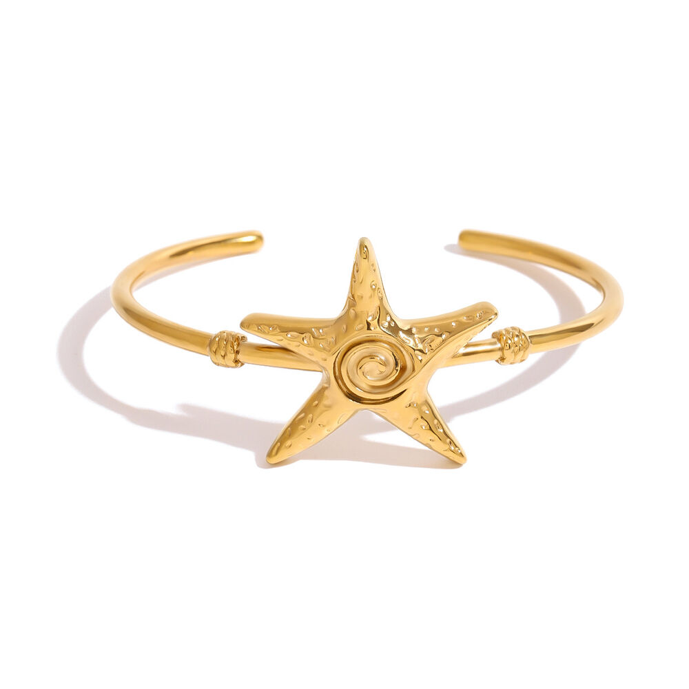 Pulseras para mujer de acero inoxidable chapadas en oro de 18 quilates con diseño de estrella natural, serie clásica, 1 unidad h5Imagen4