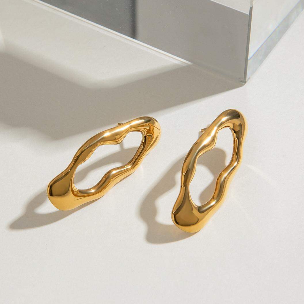 1 Pair Classic Series  Irregular Oval Stainless Steel Gold Color Women's Stud Earrings