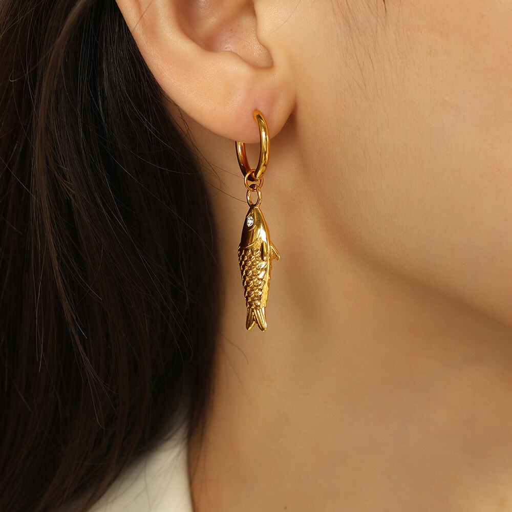 1 paire de boucles d'oreilles pendantes pour femme, série classique, en acier titane plaqué or , motif animal quotidien, strass h5Image5