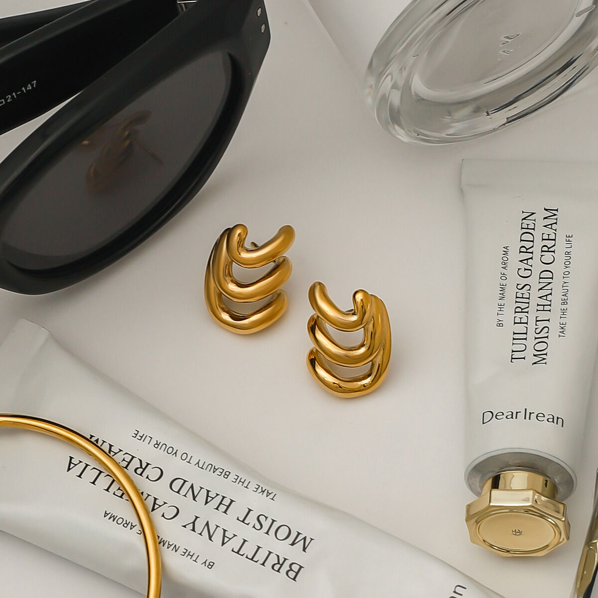 1 paio di orecchini a bottone da donna in acciaio inossidabile color oro, linea minimalista anulare, serie personalizzabile h5 Immagine6