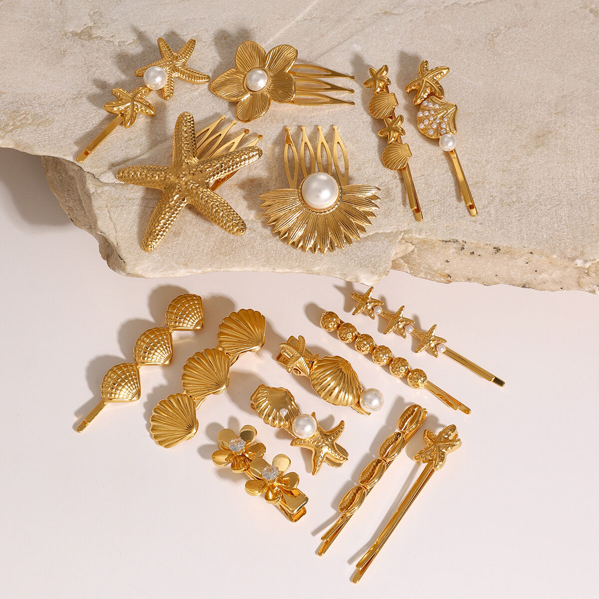 1 paio di fermagli per capelli da donna in stile tartaruga in acciaio inossidabile placcato oro  della serie simple h5 Immagine3