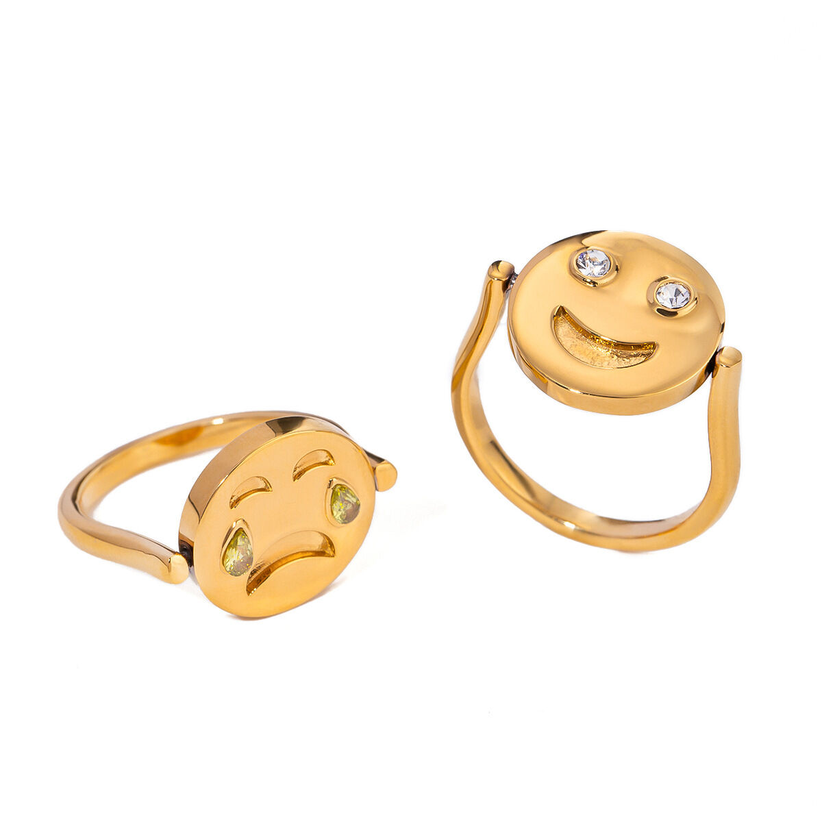 Anillo individual de acero inoxidable chapado en oro de 18 quilates con diamantes de imitación para mujer, serie simple y linda caricatura. h5 Imagen5