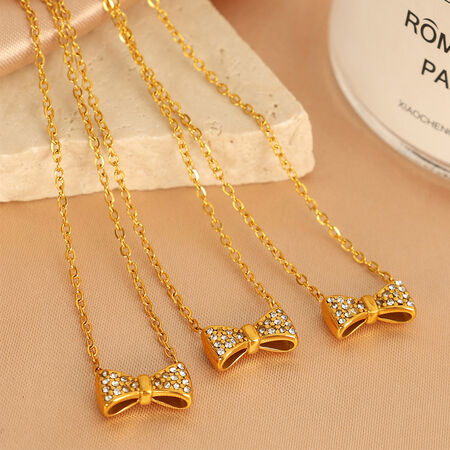 1 piece simple series sweet bow knot stainless steel gold plated rhinestone women pendant necklaces 2