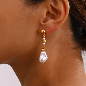 1 Paar romantische, exquisite, unregelmäßige, wasserfeste, goldfarbene Perlenohrringe aus Edelstahl für Damen. h5 Bild7