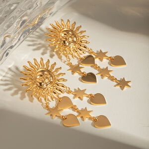 1 paire de boucles d'oreilles pendantes rétro soleil/lune en acier inoxydable plaqué or pour femme h5 Image3