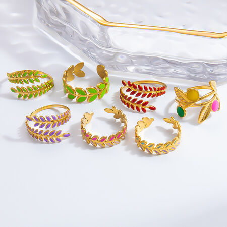 1 Piece Chromatic Series Vivid Olive Branch Oil- Glazing Stainless Steel Waterproof Gold Color Women's Adjustable Rings