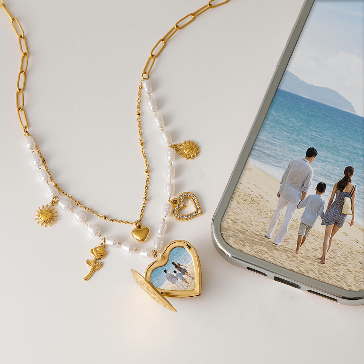 1 pieza de collar con colgante DIY de acero inoxidable con forma de corazón y flor, resistente al agua, color dorado, para mujer.