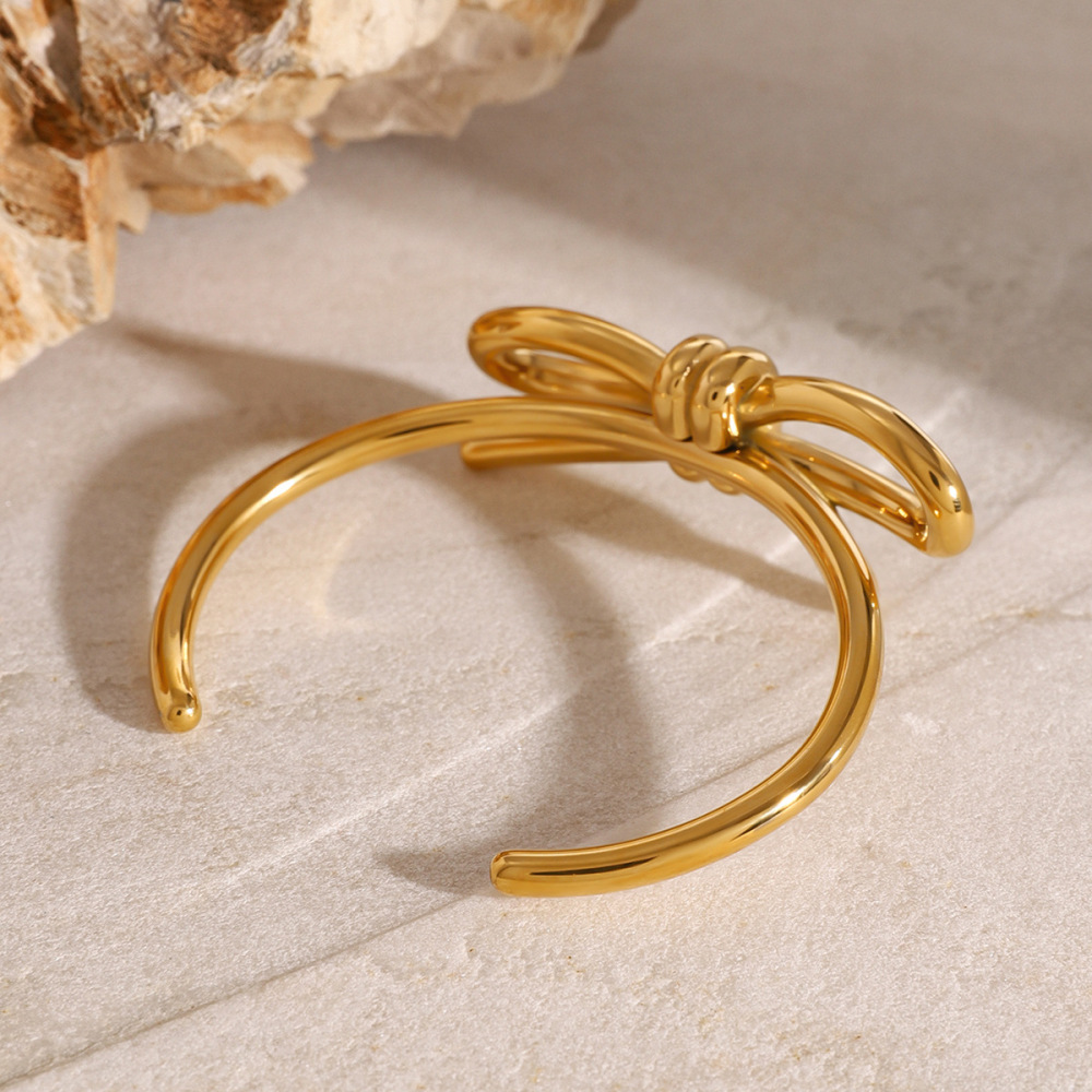1 Pezzo Semplice Serie Dolce Fiocco Nodo Acciaio Inossidabile 18K Placcato Oro Braccialetti Da Donna h5Immagine2