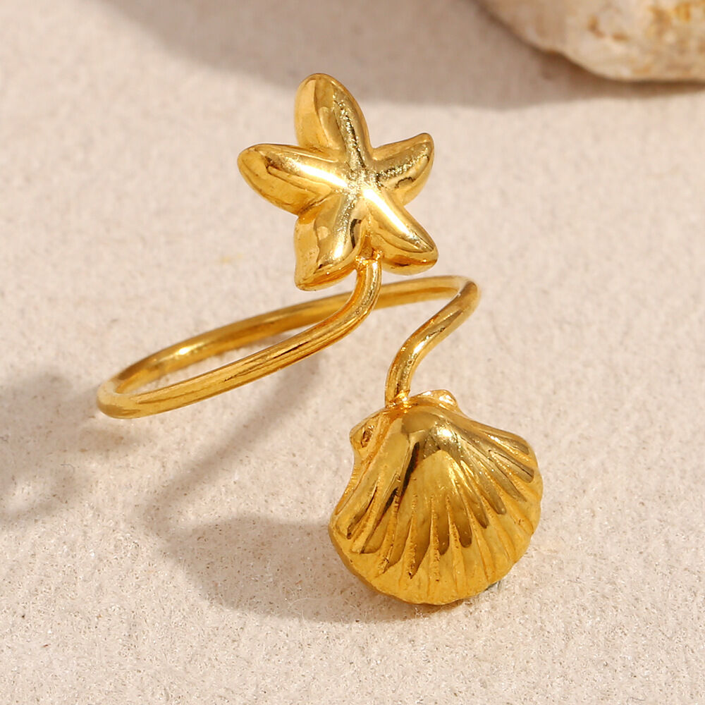 Anelli regolabili in acciaio inossidabile color oro con stelle marine e conchiglie h5Immagine3