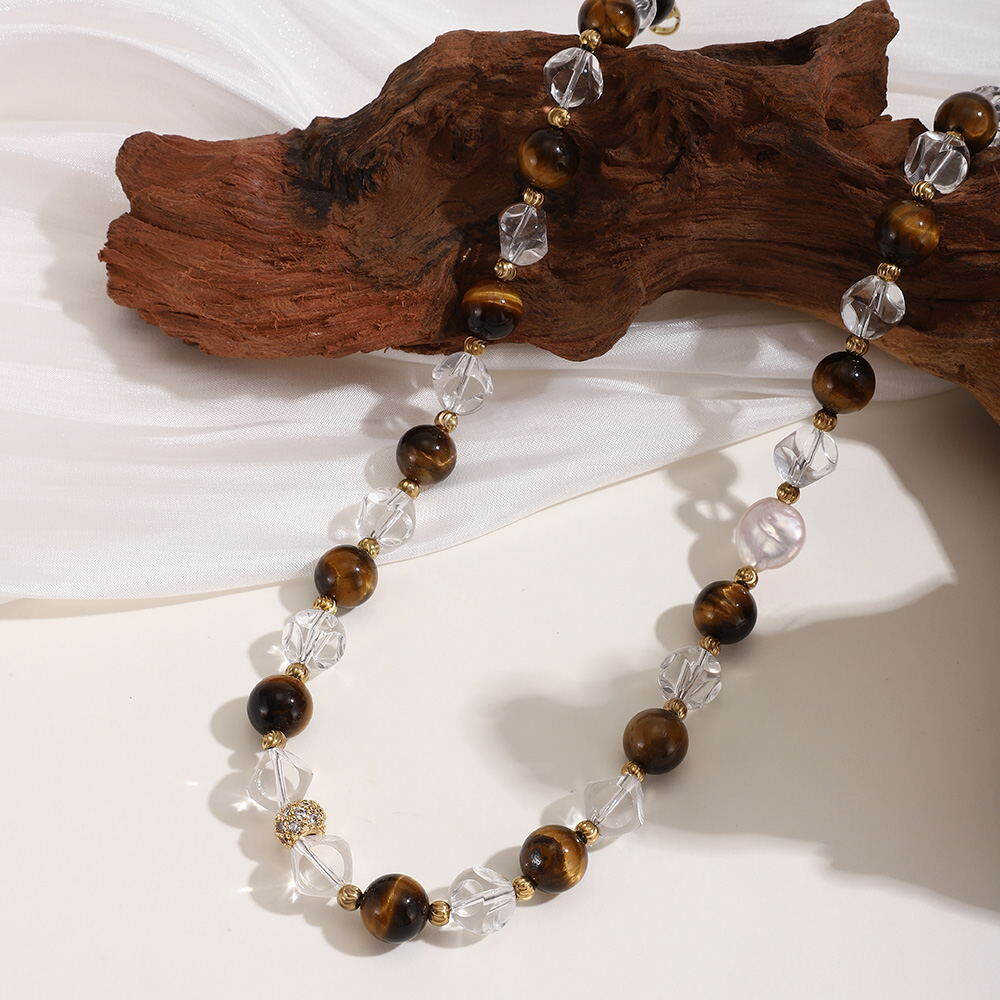 Retro Natural Stone Stainless Steel Waterproof Gold Color Women's Beaded Necklaces 2