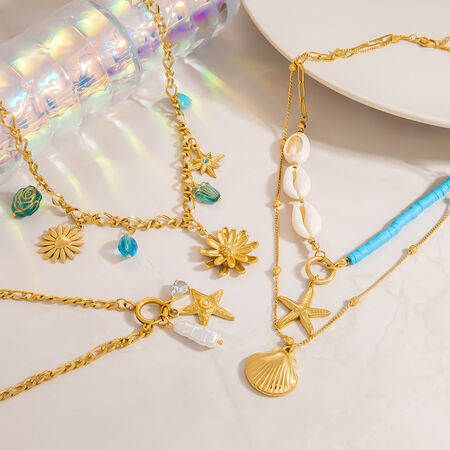 1 Piece Vacation Series Oceanic Stainless Steel Waterproof Gold Color Women's Pendant Necklaces