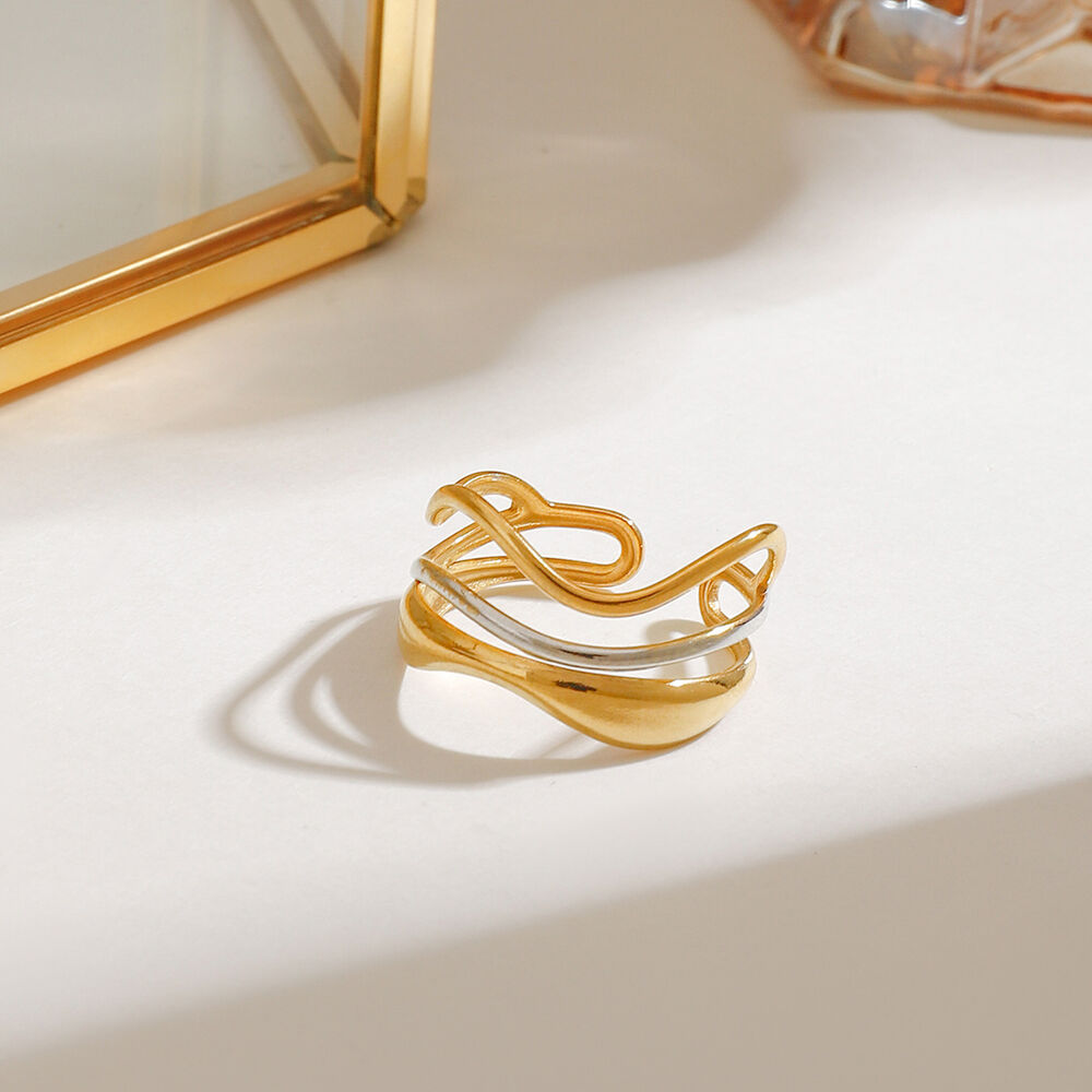 1 Piece Gold Color Stainless Steel Waterproof Multi-Layered Water Ripple Shape Women's Adjustable Rings h5Picture5