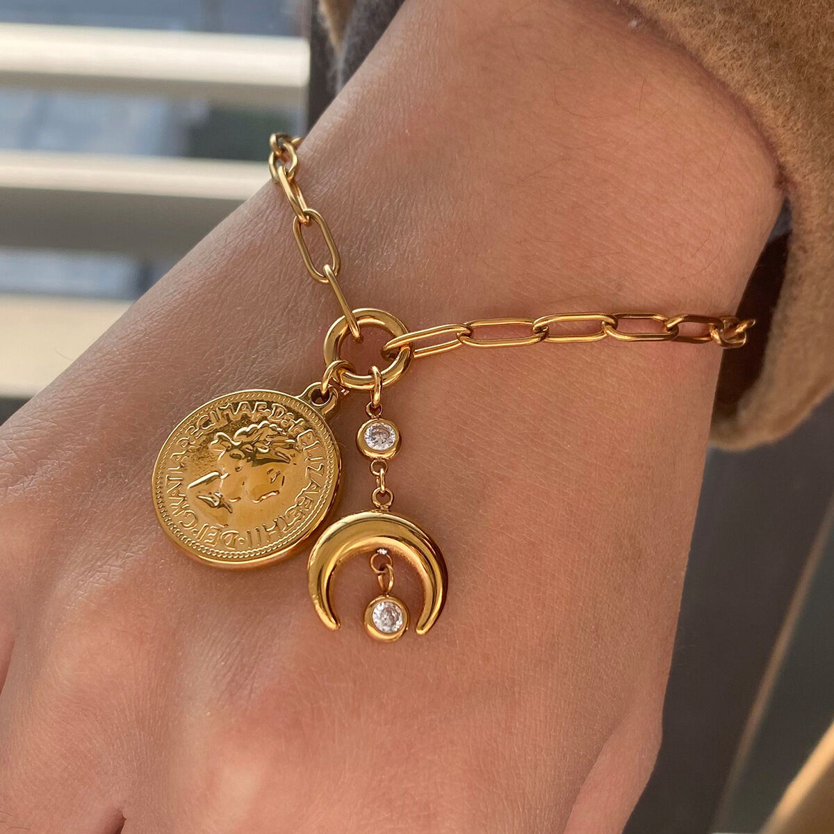 Retro-Armbänder mit Sonne/Mond-Motiv aus Edelstahl, wasserdicht, goldfarben, für Damen h5 Bild9