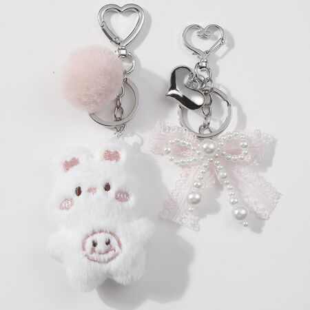 1 Piece Cute White Plush Bunny Beaded Bow Heart Bag charms 2