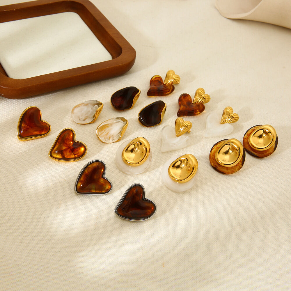 Amber Colored Resin Heart Shaped Stainless Steel Waterproof Earrings 2