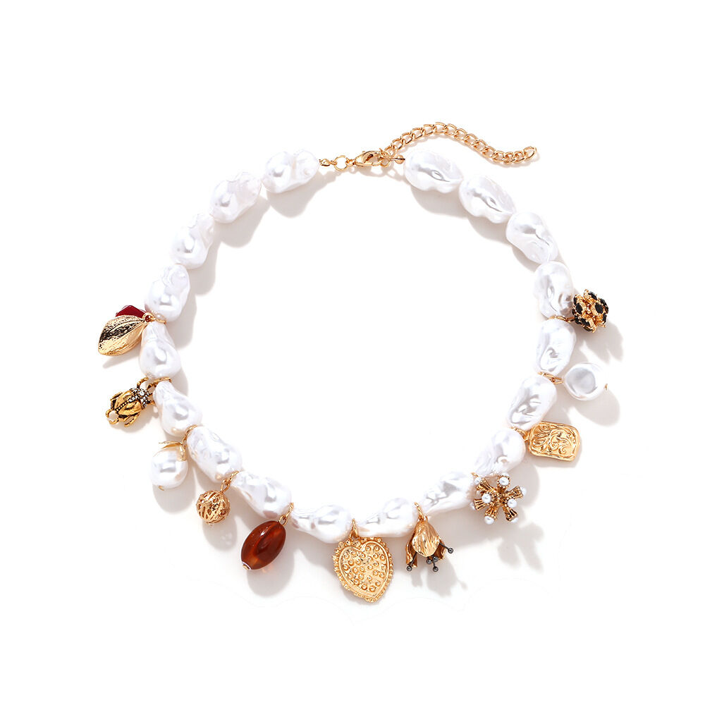 1 pezzo di collana di perline da donna in lega di fiori retrò, con perle artificiali e serie classica