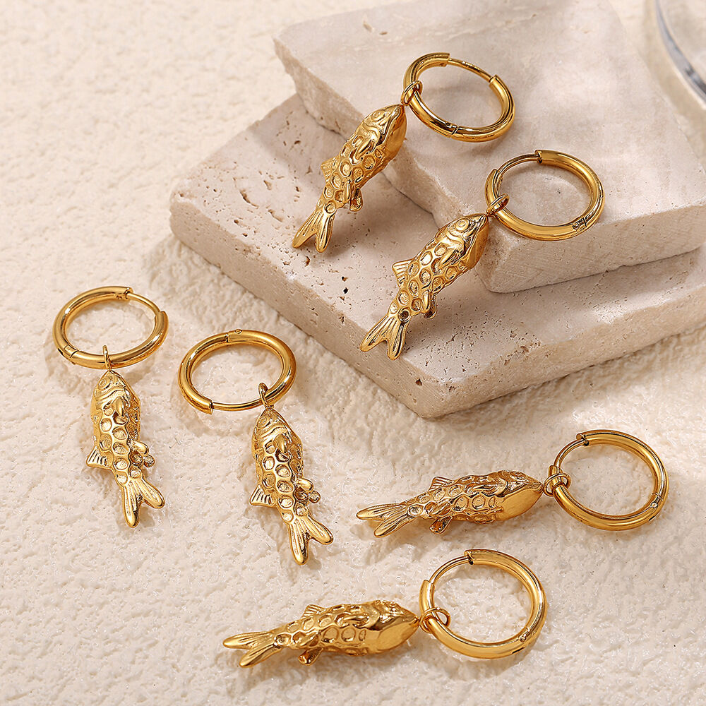 Retro Fish Stainless Steel Waterproof Gold Color Drop Earrings 2