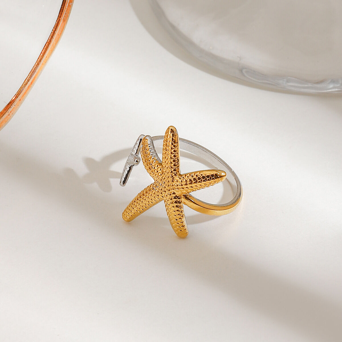 1 Piece Simple Series Natural Turtle Stainless Steel Waterproof   Gold Color  Women's Adjustable Rings h5 Picture4