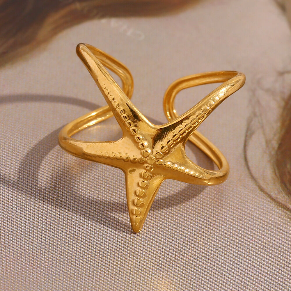 Starfish Stainless Steel Waterproof Gold Color Adjustable Rings