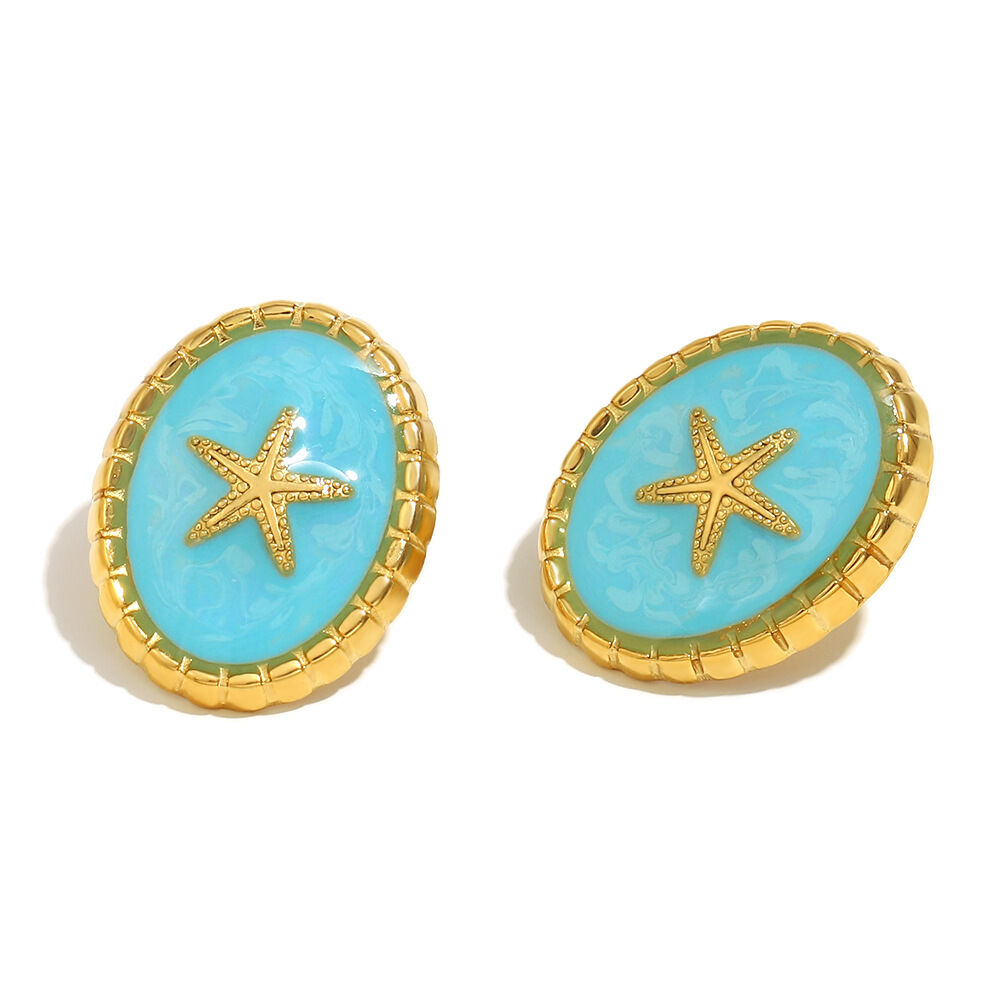 Pendientes de estrella de mar con gotas de aceite azul - Dorado 