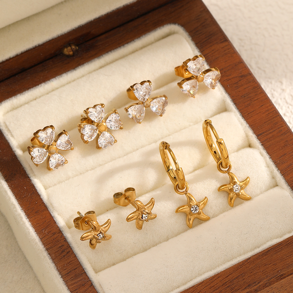 Sparkling Clovers Stainless Steel Waterproof Gold Color Women's Stud Earrings h5 Picture2