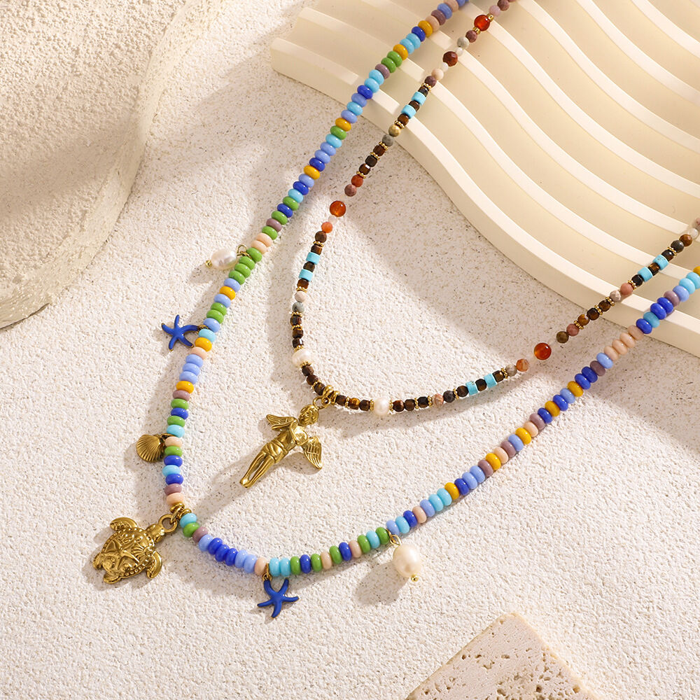 vacation turtle  stainless steel gold color natural stone women's pendant necklaces