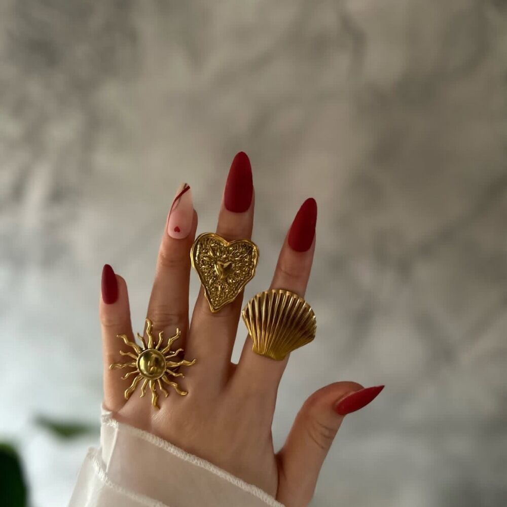 Retro Heart Stainless Steel Waterproof  Gold Color Adjustable Rings