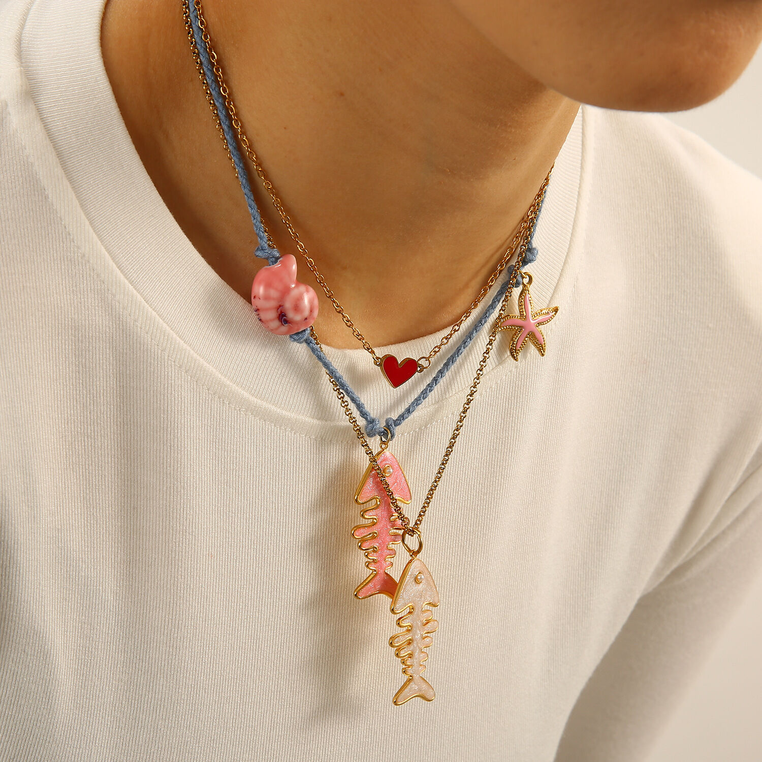 Fishbone Cotton Rope Stainless Steel Waterproof Gold Color Women's Pendant Necklaces