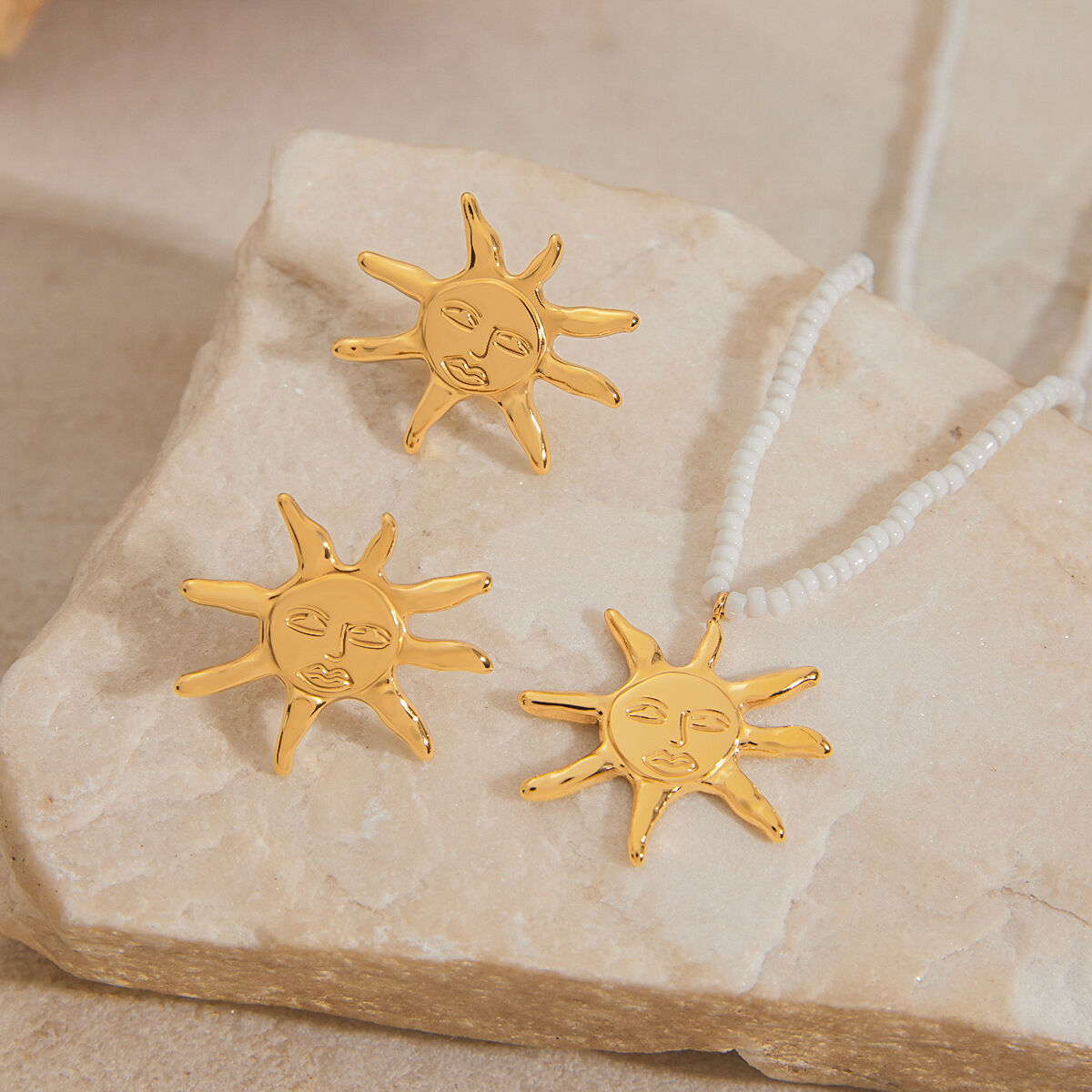 Retro Sun Stainless Steel Waterproof Gold Color Beaded Necklaces