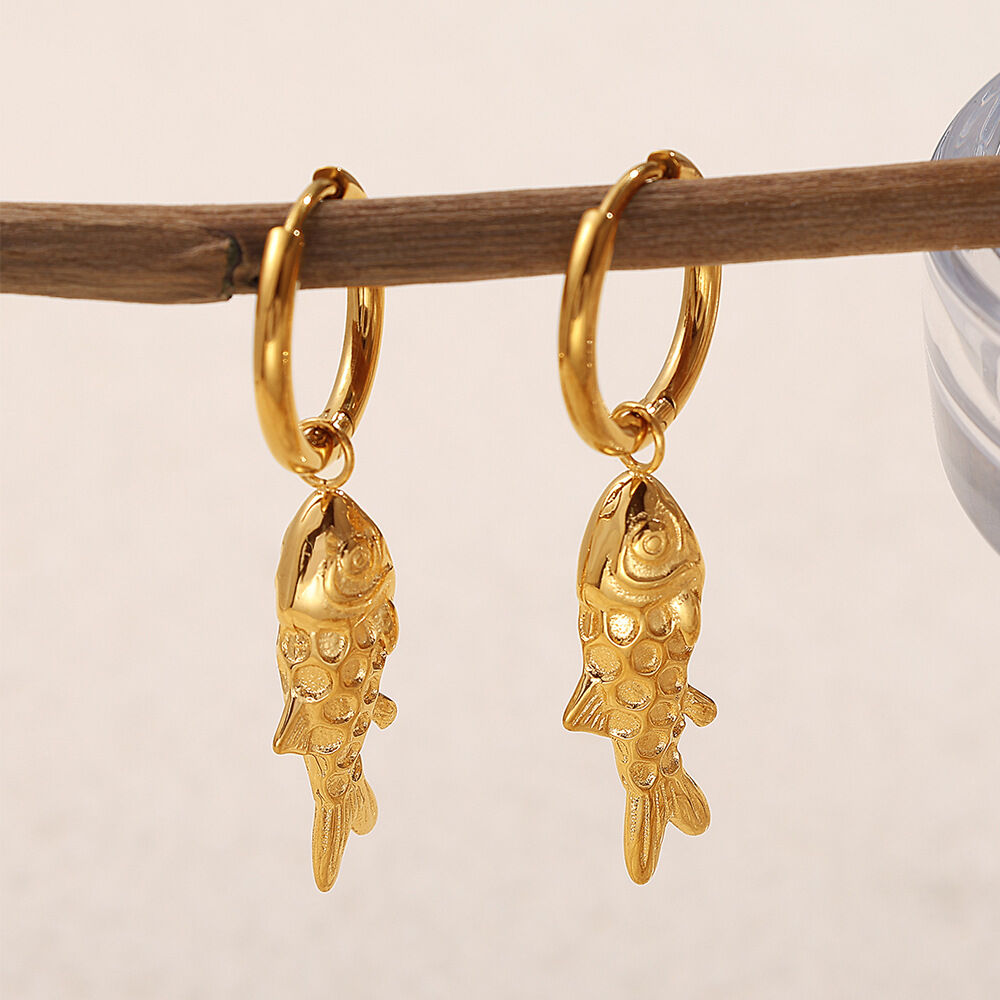 Retro Fish Stainless Steel Waterproof Gold Color Drop Earrings