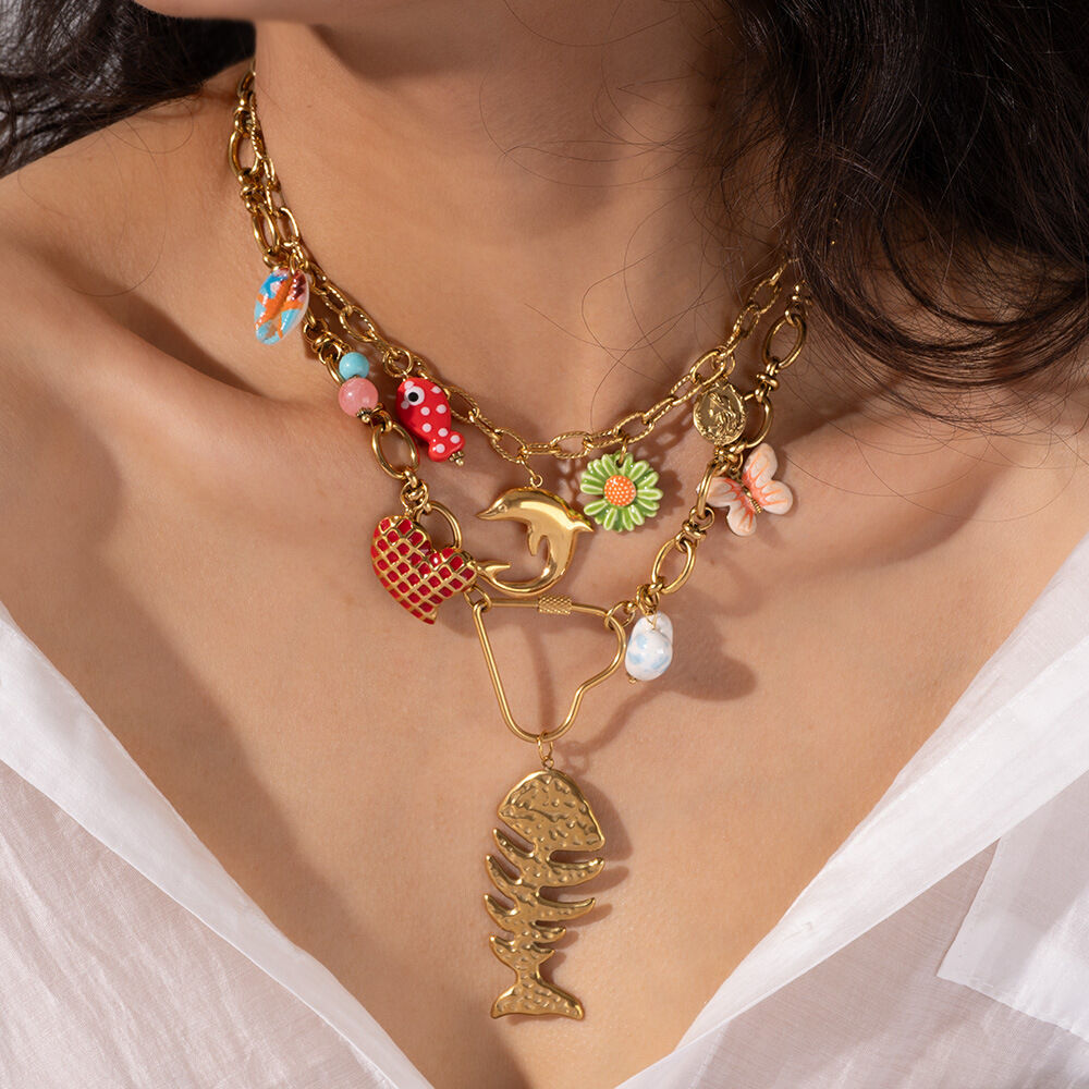 Sophisticated Vacation Fishbone Stainless Steel Waterproof Gold Color Women's Pendant Necklaces