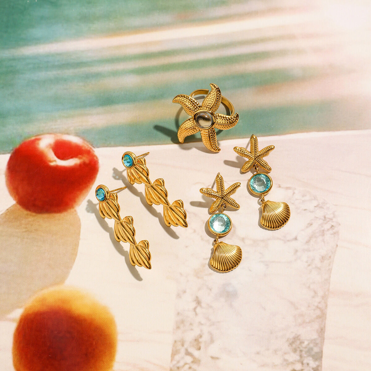 Pendientes y anillo colgantes de estrella de mar de acero inoxidable, color dorado, resistentes al agua h5 Imagen4
