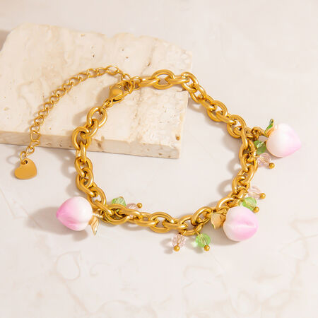 Sweet Peach Stainless Steel Waterproof Gold Color Charm Bracelets 2