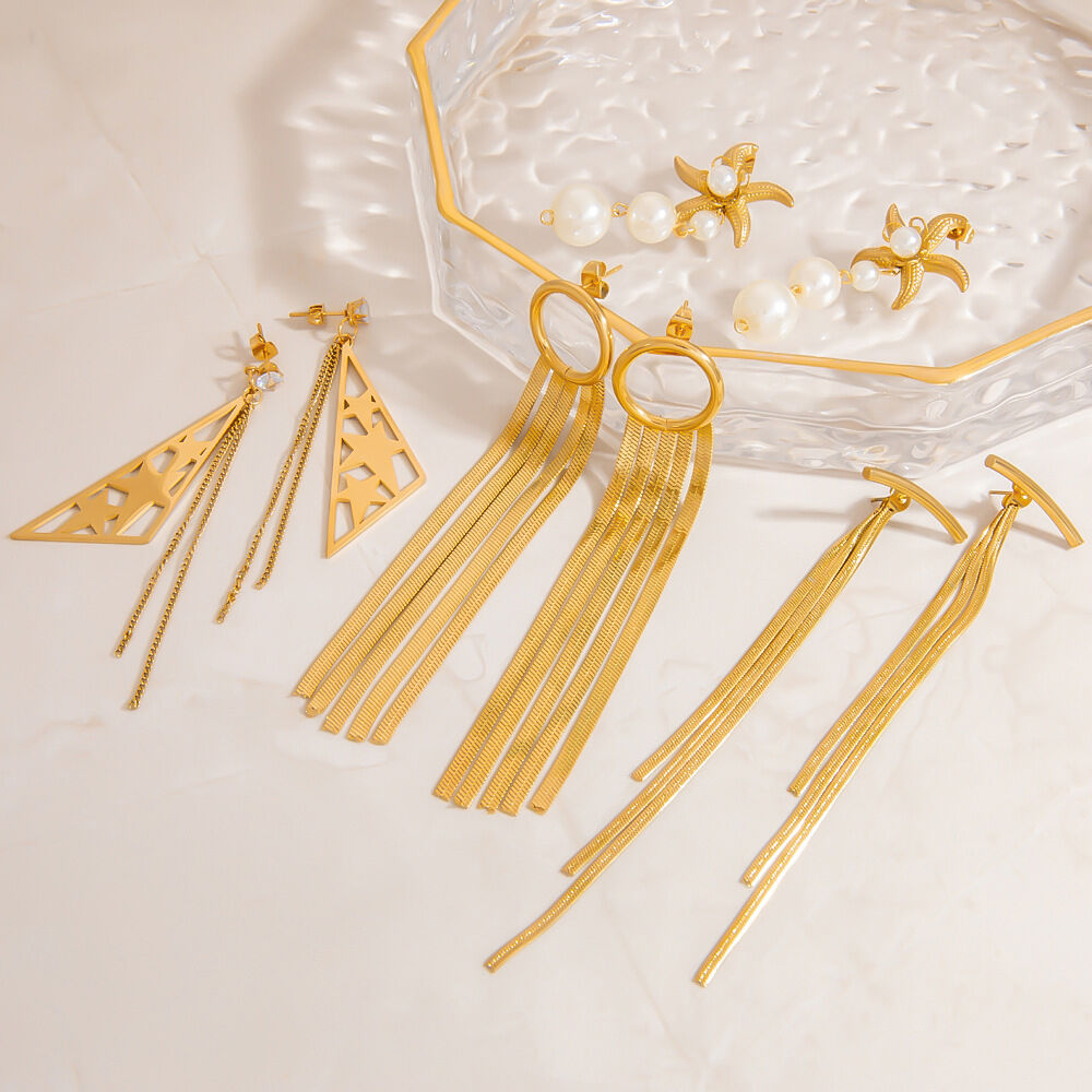Elegant Tassel Stainless Steel Waterproof Gold Color Dangle Earrings