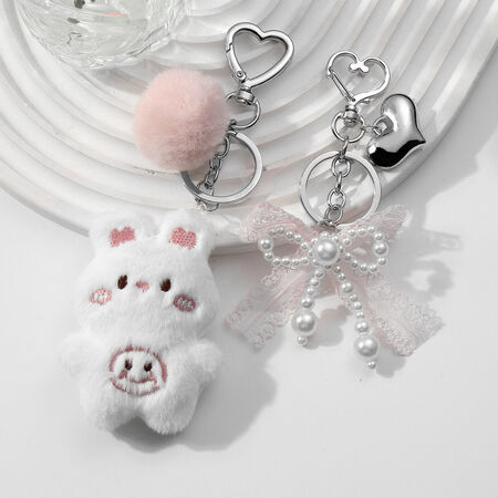 1 Piece Cute White Plush Bunny Beaded Bow Heart Bag charms