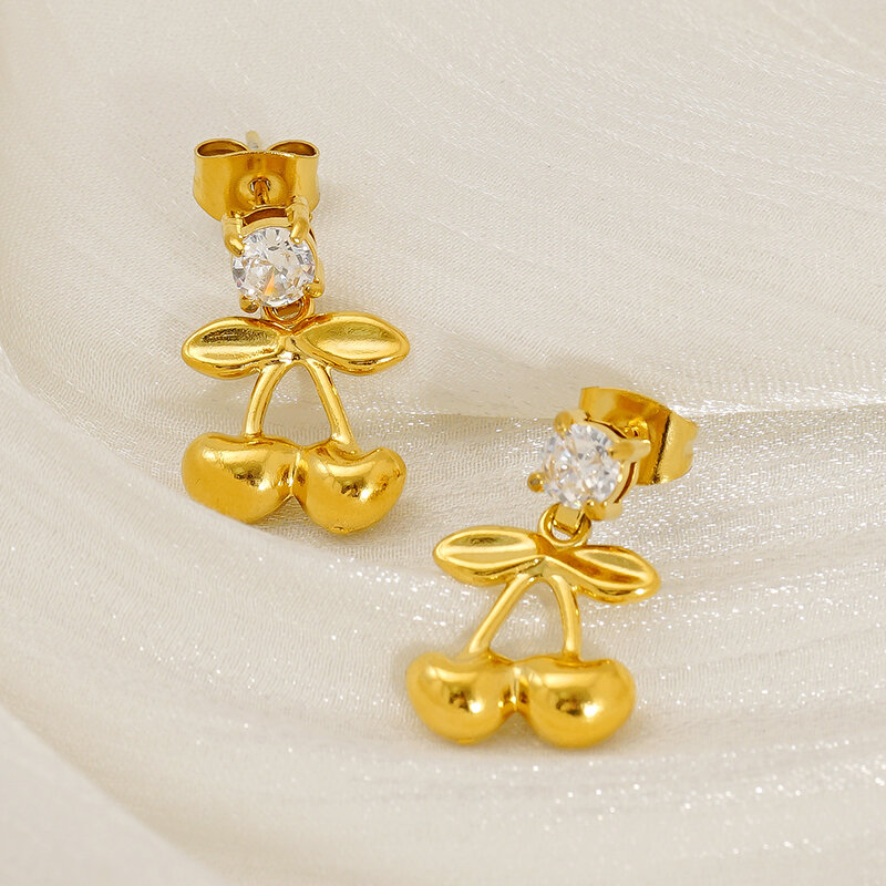 Cherry Stainless Steel Waterproof Gold Color Stud Earrings