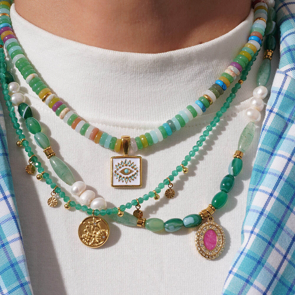 Collana con perline da donna in cristallo verde color oro, serie sofisticata, elegante, in acciaio inossidabile, impermeabile Immagine3