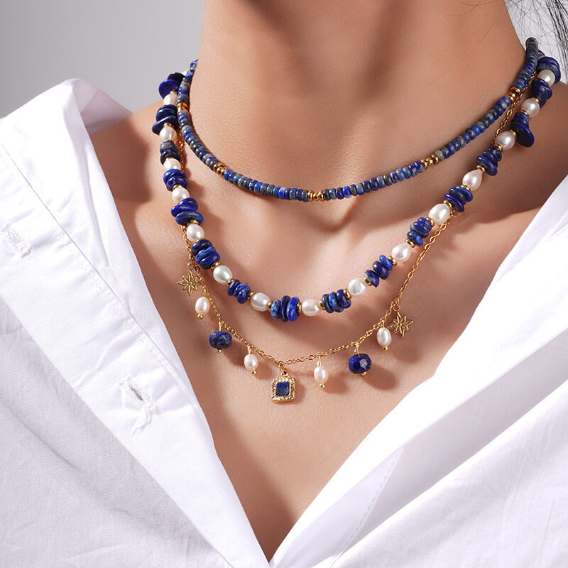 1 pezzo di collana di perline da donna in acciaio inossidabile bohémien, impermeabile, color oro, con perline in pietra naturale blu Immagine3