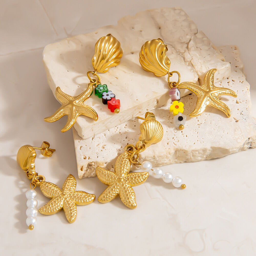 Orecchini pendenti in acciaio inossidabile a forma di stella marina color oro impermeabili