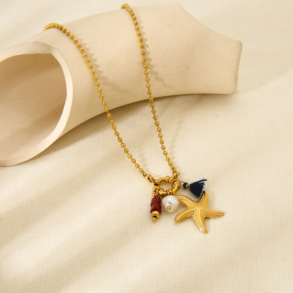 Ocean Series Gold Color Stainless Steel Waterproof Starfish - Tassel Necklace for Women h5 Picture2
