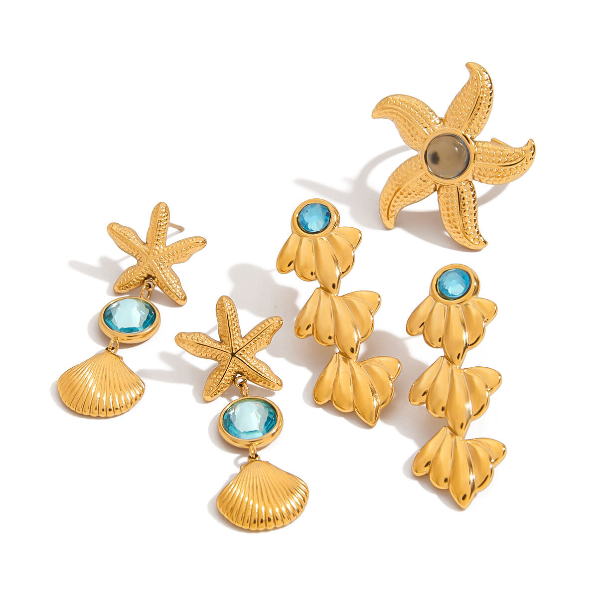 Pendientes y anillo colgantes de estrella de mar de acero inoxidable, color dorado, resistentes al agua Imagen5