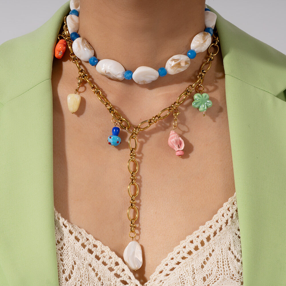 Collane con ciondolo da donna in pietra naturale color oro e acciaio inossidabile della serie Oceanic