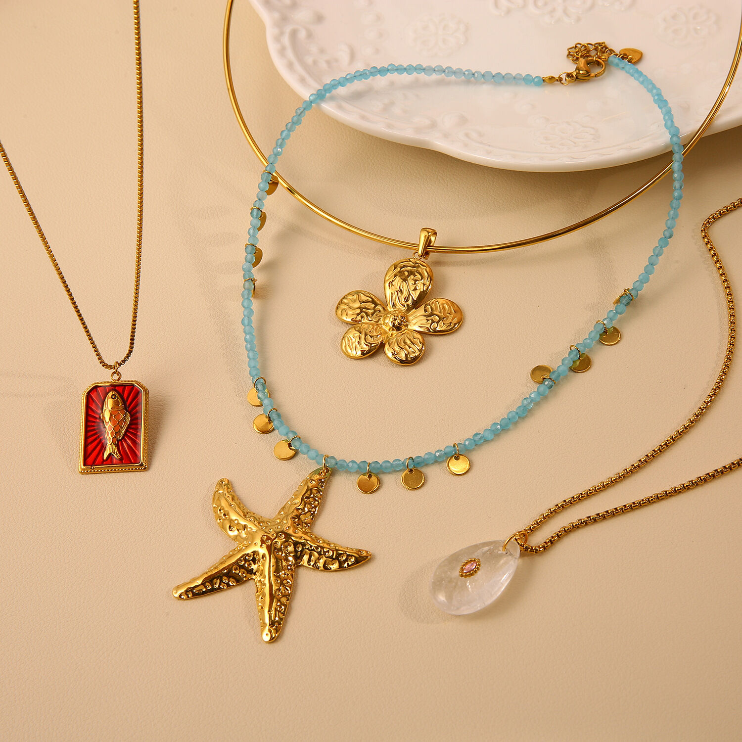 Collar con colgante de estrella de mar oceánica de acero inoxidable, resistente al agua, color dorado, para mujer Imagen5