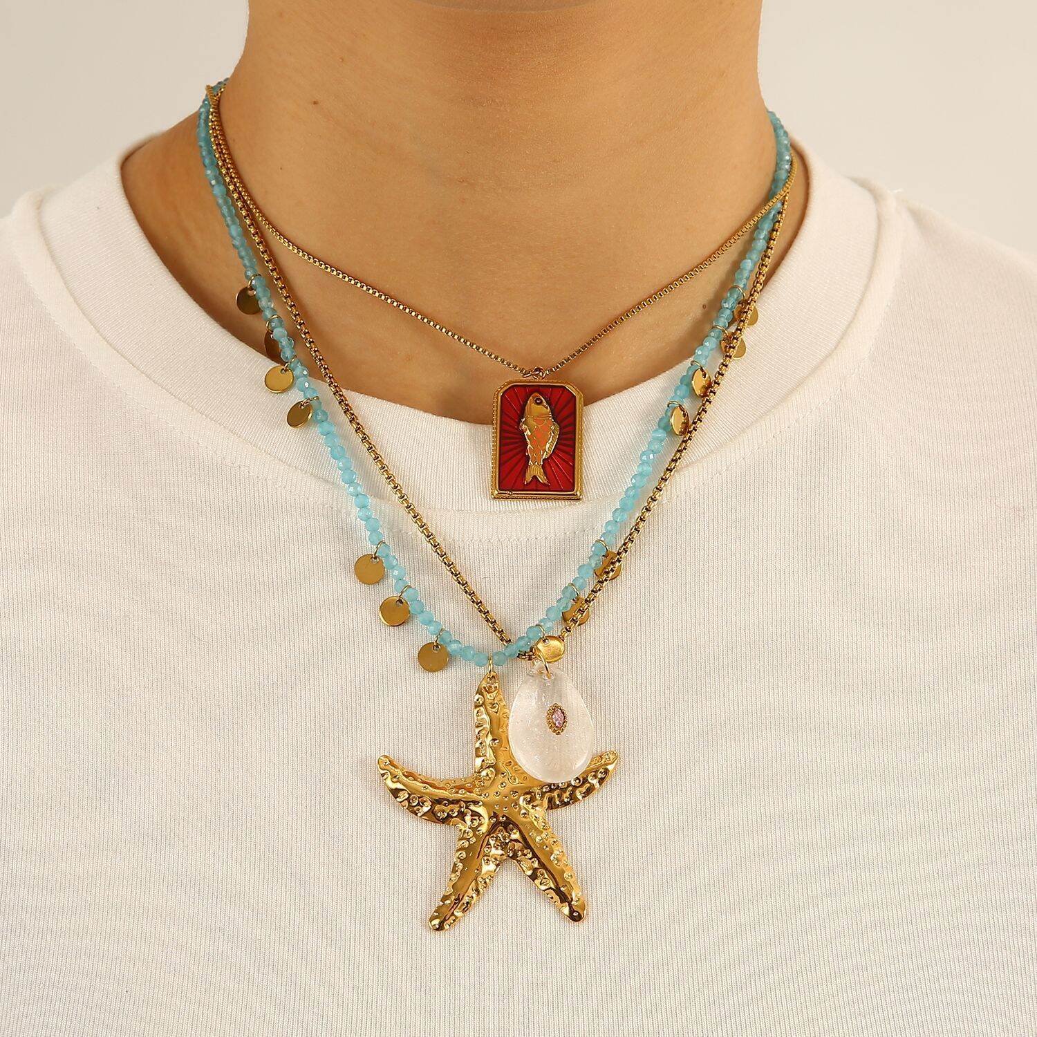 Oceanic Starfish Stainless Steel Waterproof Gold Color Women's Pendant Necklaces