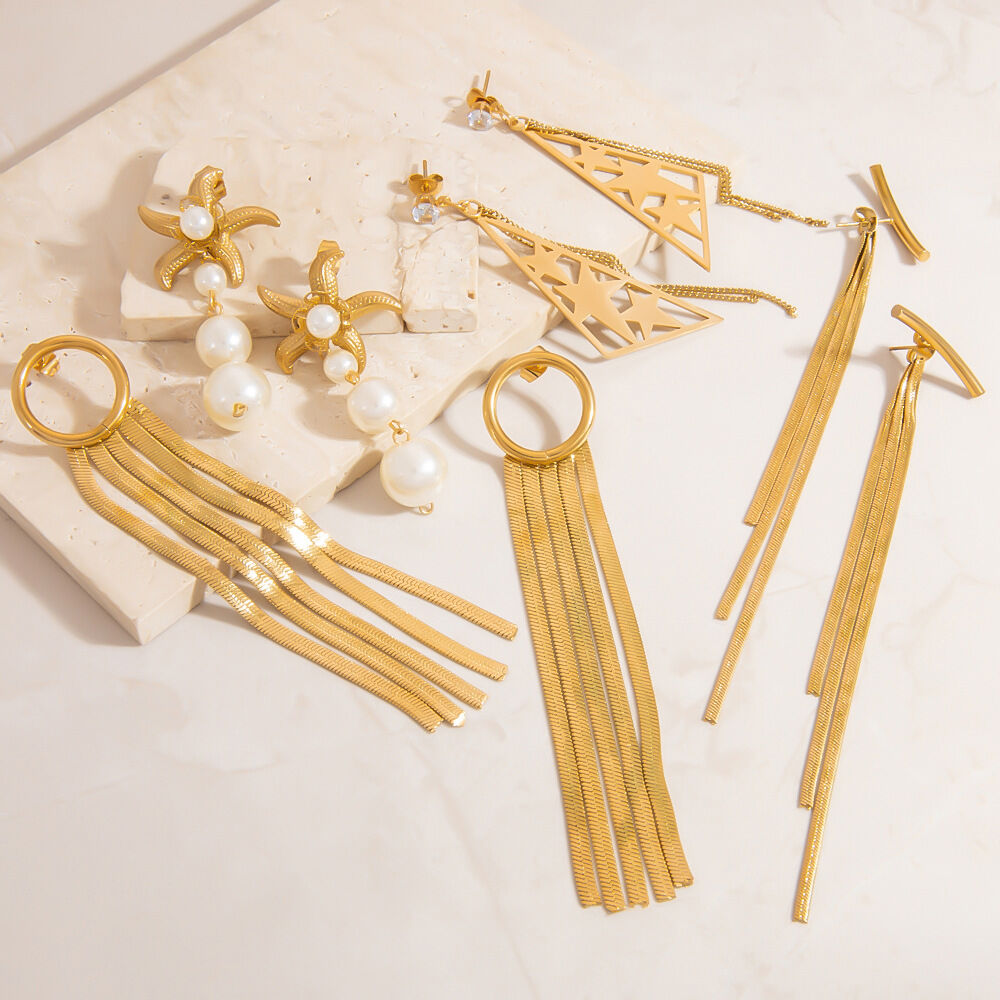 Elegant Tassel Stainless Steel Waterproof Gold Color Dangle Earrings 2