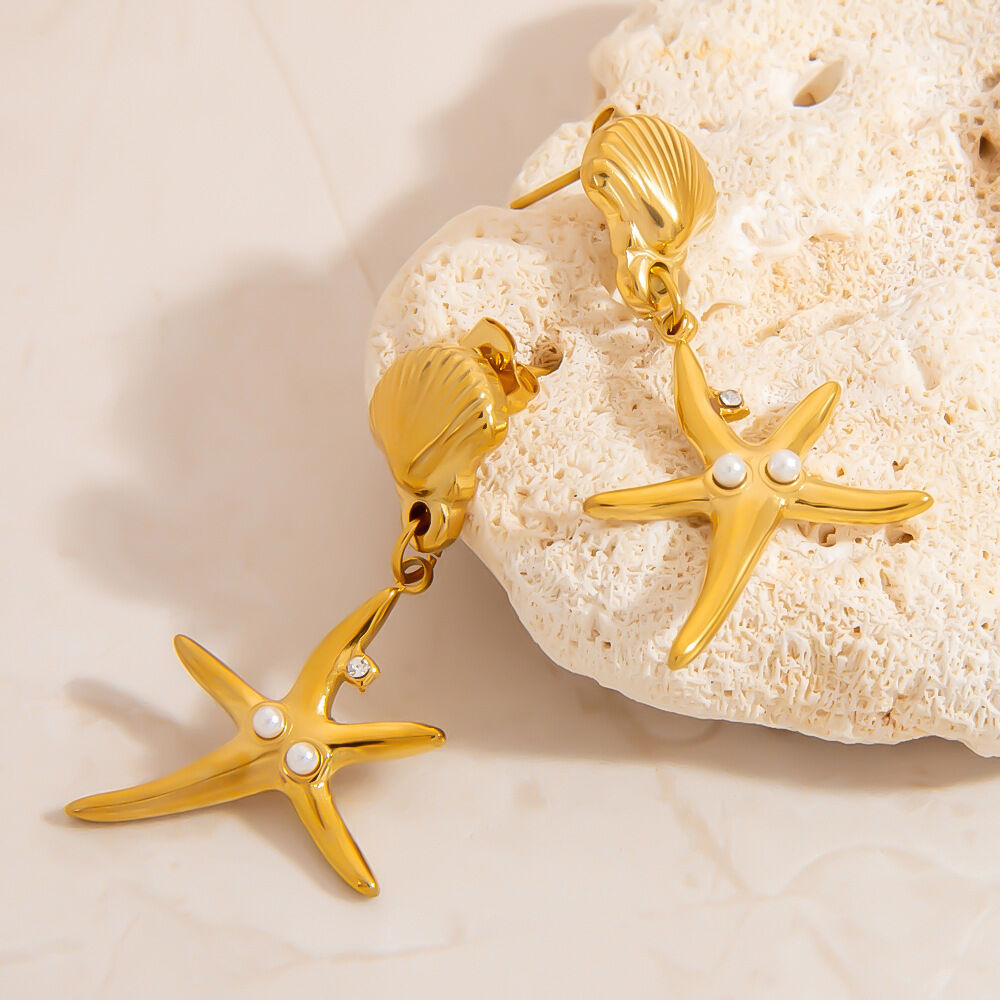 Retro Starfish Stainless Steel Waterproof Gold Color Drop Earrings 2